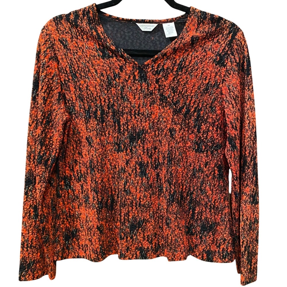 LAURA ASHLEY Textured Popcorn Blouse Top Size S Petite Red-Orange Black Y2K 90's
